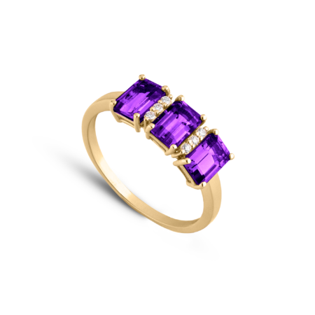 Anello Trilogy Ottagonale con Ametista e Brillanti in oro Giallo